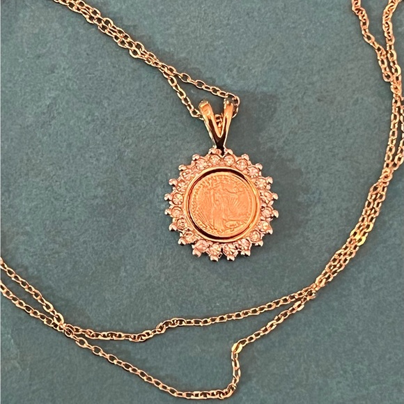 Vintage Liberty coin necklace w/ simulated diamonds, panda on other side of coin - Picture 2 of 4